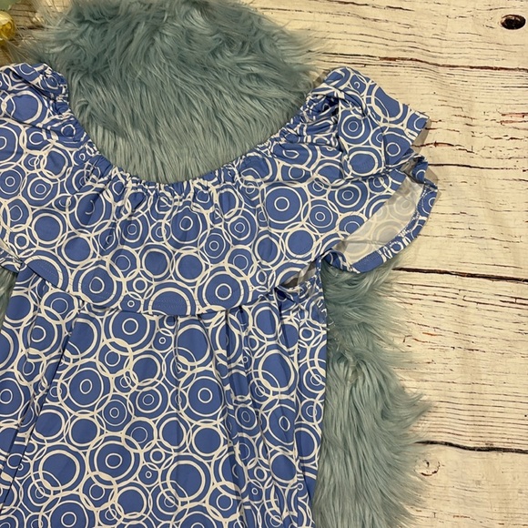Lulu-B Blue Geometric Circle Ruffle Off Shoulder Dress - Picture 4 of 9